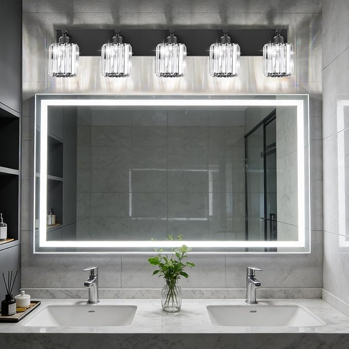 Black Crystal Bathroom Vanity Light, 5-Light Modern Bathroom Lighting Fixtures Over Mirror, Matte Black Wall Sconce Light Fixtures with Round Shade