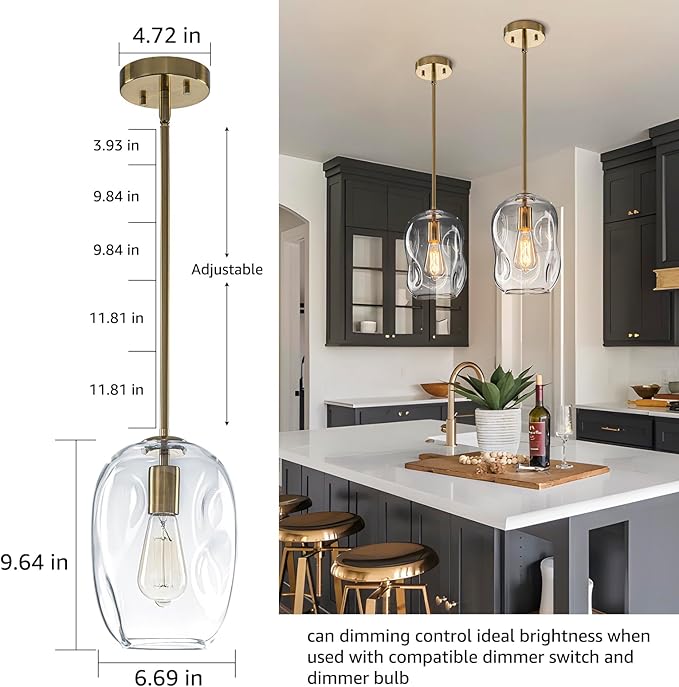 Glass Pendant Lights Kitchen Island -1 Light Gold Hanging Light Fixture Bar Modern Pendant Lighting Ceiling with 9.6" Height Clear Thick Organic Glass Shade for Kitchen Sink Dining Table,E26,1 Pack