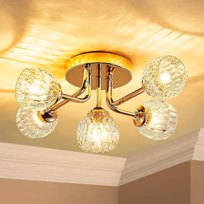 AGV LIGHTING Modern Ceiling Light, Sputnik Flush Mount Ceiling Light Fixture, G9 Base 5-Lights, D16 x H7, Clear Crystal & Shining Gold Finish Metal Frame