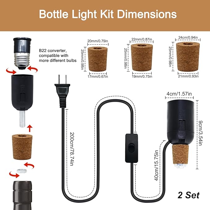 2 PCS Bottle Lamp Kit, DIY Wine Bottle Lamp for Liquor Bottle, Lamp Kits Do it Yourself Lamp Fittings Kit for Table Lamp Includes 3 Sizes of Stoppers and 2 E27 to B22 Adapter Converter