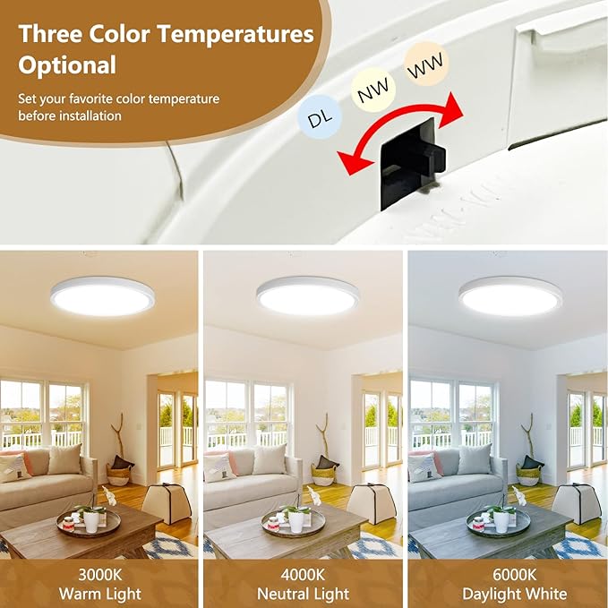 12PK 12 Inch LED Flush Mount Ceiling Light, 24W, 2520LM, 3000K/4000K/6000K CCT Selectable, 0.9inch Super Slim LED Ceiling Fixture, Low Profile Round Flat Panel Light for Bedroom,Kitchen,Hallway(White)