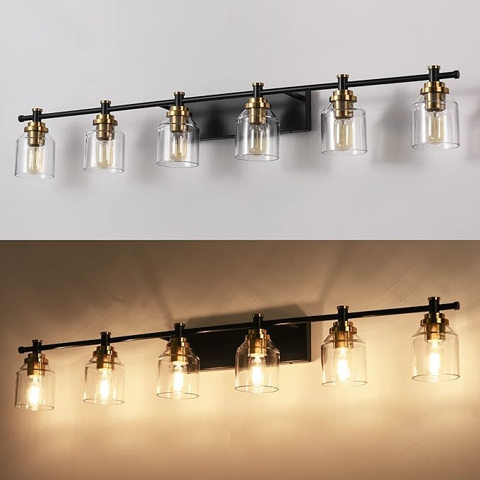 SOLFART 6-Lights Black Brass Bathroom Vanity Light Fixture Vintage Bathroom Fixture Over Mirror Thick Clear Glass