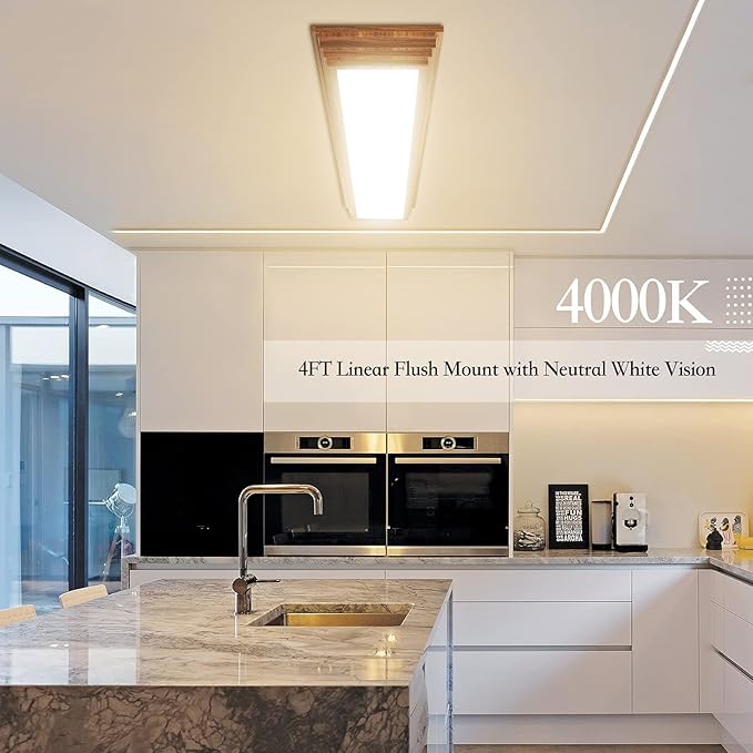FAITHSAIL 4FT LED Light Fixture with 3000K/4000K/5000K CCT Selectable Dimmable 4 Foot LED Linear with Wooden Look 50W 5500LM Flush Mount Ceiling Wraparound for Kitchen, Bedroom, Laundry