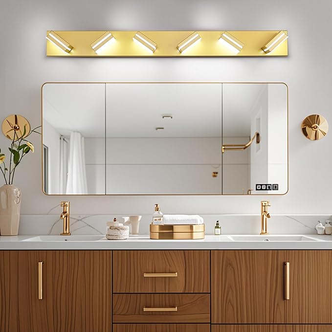 Modern LED Bathroom Lights Fixtures 6-Light,Metal Gold Acrylic Wall Lighting,Vanity Lights for Bathroom Over Mirror 6000k 41in