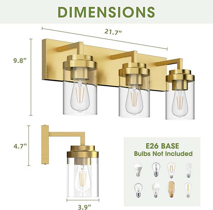 Espird Bathroom Lighting Fixtures, 3-Light Bathroom Vanity Lights Over Mirror, Brass Vanity Light with Glass Shade, Modern Vanity Lighting Fixtures for Bedroom, Hallway