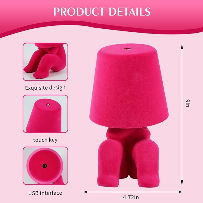 Bedside Touch Control Table Lamp, Golden Decor Thinker Statue LED Table Lamp with USB Port, 3 Way Dimmable Modern Night Light Nightstand Lamp for Home Living Room Office Shelf Decor (Pink-H)