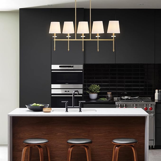 JONATHAN Y 38.5" Brass Gold 5-Light Iron Linear Pendant, Modern Midcentury Chandelier with White Linen Shades for Kitchen Island Dining Room, LED Bulbs Included JYL9919A