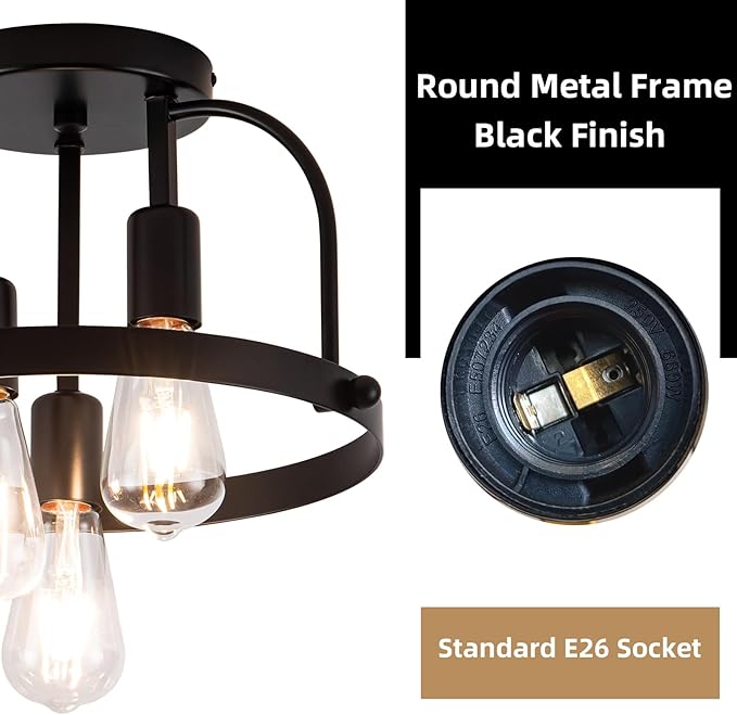 3 Light Industrial Ceiling Light Black Semi Flush Mount Lights Close to Ceiling Light Fixtures,cage Design Farmhouse Ceiling Lighting for Kitchen Bedroom Bathroom Foyer Hallway (E26, 1Pack)
