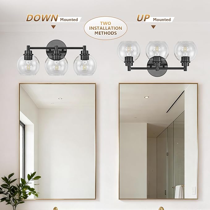 Black Bathroom Vanity Lights, 3-Light Wall Sconce with Glass Globe Shade, Vanity Lighting for Bathroom/Bedroom/Dressing Room, Vertical/Horizontal Mounted, E26 Bulb Base (Bulb Not Included)