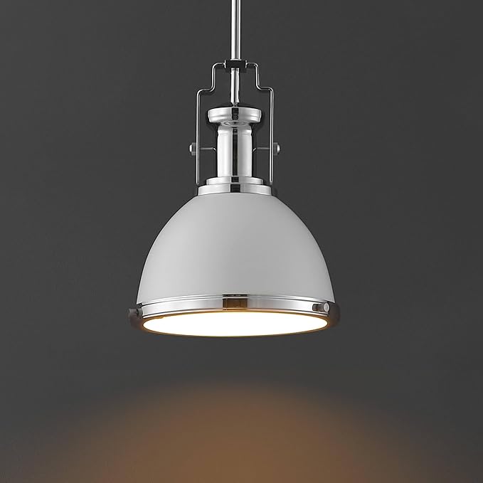 JONATHAN Y 10" Chrome/White Modern Industrial Iron LED Dome Pendant Light, Adjustable Hanging Fixture for Kitchen Island or Entryway, Black Metal Shade, LED Bulb Included (JYL9535C)