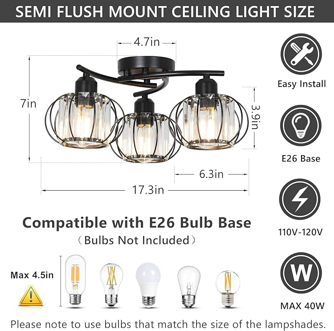 3-Light Crystal Semi Flush Mount Ceiling Light,Black Modern Close to Ceiling Light Fixtures,Kitchen Light Fixtures with Clear Crystal Shade,Hallway Light Fixtures for Hallway Bedroom Bathroom