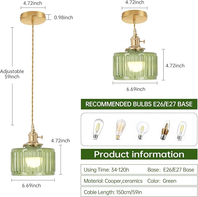 Shenmoyl Battery Operated Pendant Light 5000mAh Rechargeable Chandelier with Remote Control Wireless Adjustable Hanging Green Striped Light for Kitchen Island Dining Room Hallway