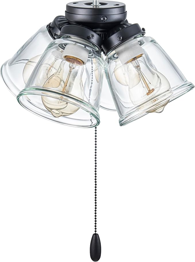 Aspen Creative 22017-1, Four-Light Ceiling Fan Light Kit with Pull Chain, Matte Black Finish with Clear Glass Shades, 13-1/8" Diameter x 6-3/4" Height