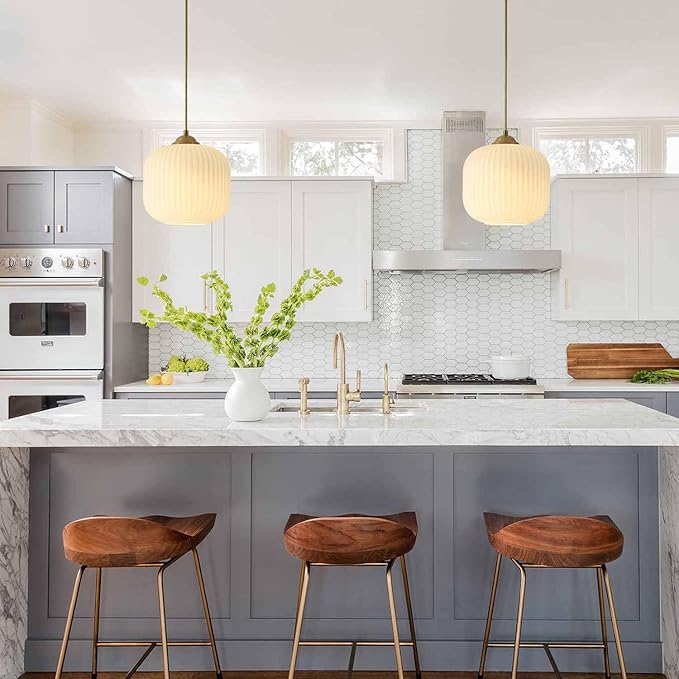 KCO Lighting Modern Gold White Glass Pendant Light Contemporary Brass Metal Kitchen Island Dining Pendant Light Industrial Large Globe Pendant Lamp 1-Light Round Ball Hanging Lighting Fixture