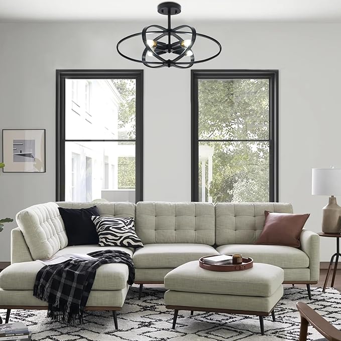 Semi Flush Mount Ceiling Light Chandelier,4-Light Ceiling Lighting Fixture,20" Farmhouse Style Flower Shape Hanging Light Fixtures Ceiling,Black(Bulbs NOT Included)