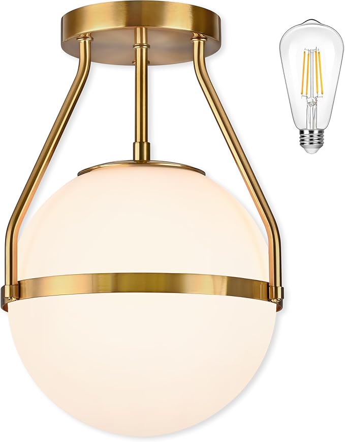 Bagood 10" Modern Semi Flush Mount Ceiling Light Fixture Mid Century Ceiling Light Globe Ceiling Light Fixture with Milk Glass Shade Brass Finish for Kitchen Island Hallway Living Room (Bulb Incl.)