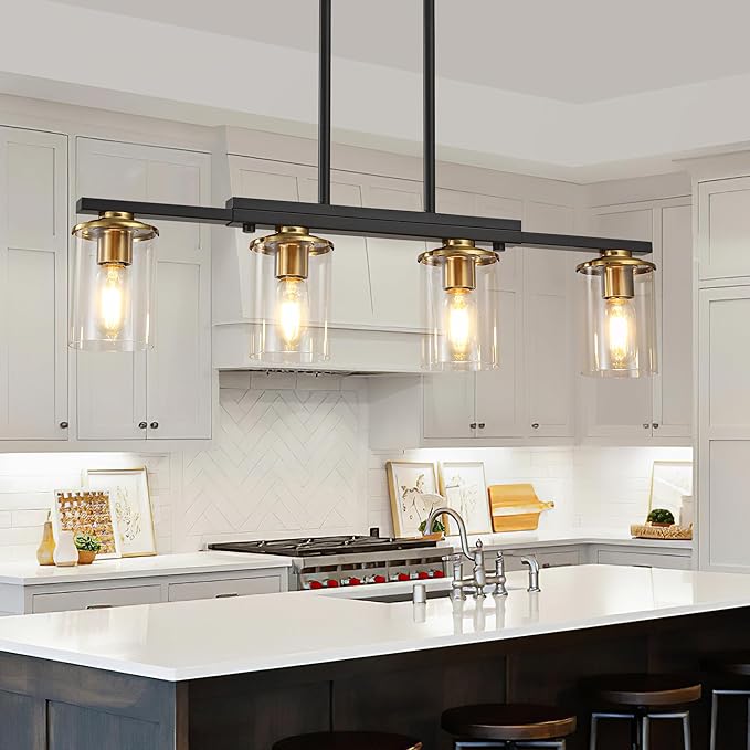4-Light Kitchen Island Lighting,Dining Room Lights Modern Farmhouse Chandelier with Clear Glass Shade,Modern Rustic Black and Gold Metal Chandelier, Kitchen Pendant Light Fixtures Over Table