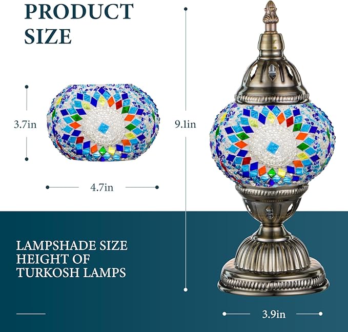 Marrakech Turkish Table Lamp with Bronze Base，Handmade Blue Moroccan Tiffany Style Mosaic Glass Night Stand Light Fixture Including LED Bulb for Living Room Bedroom Decor (Blue)