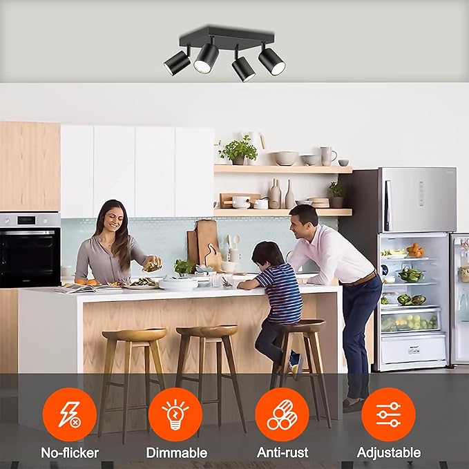 Ketom Ceiling Spot Lights Indoor: 4 Lights Led Flush Mount Ceiling Light Fixture GU10 Head Modern Black Adjustable Directional Light for Kitchen Bathroom Bedroom Hallway