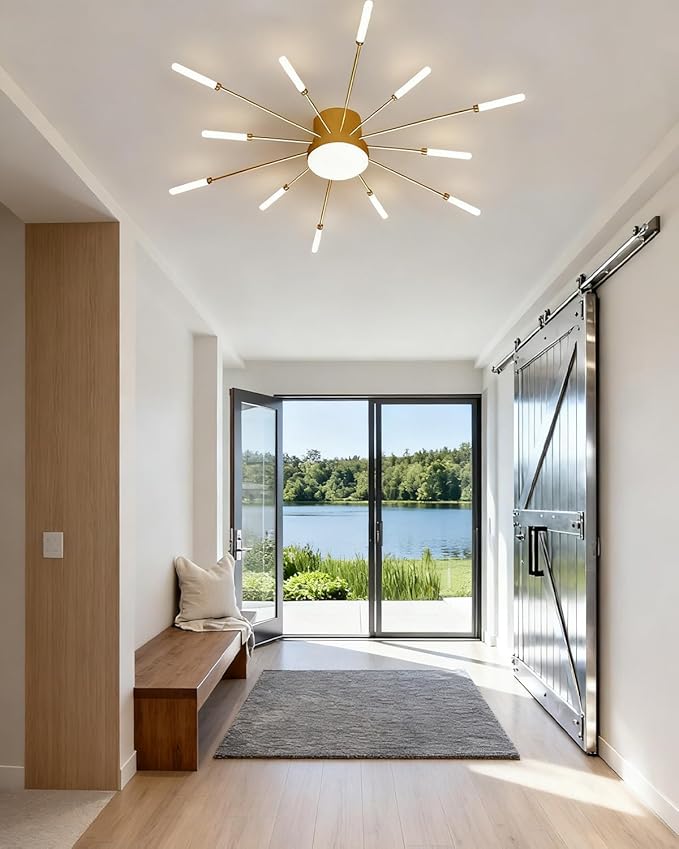 32 Inch LED Ceiling Light Fixture12+1 Lights Modern Flower Flush Mount Ceiling Light 4000K Gold Metal Firework Chandelier for Living Room Dining Room 24W Cascading Ceiling Lamps