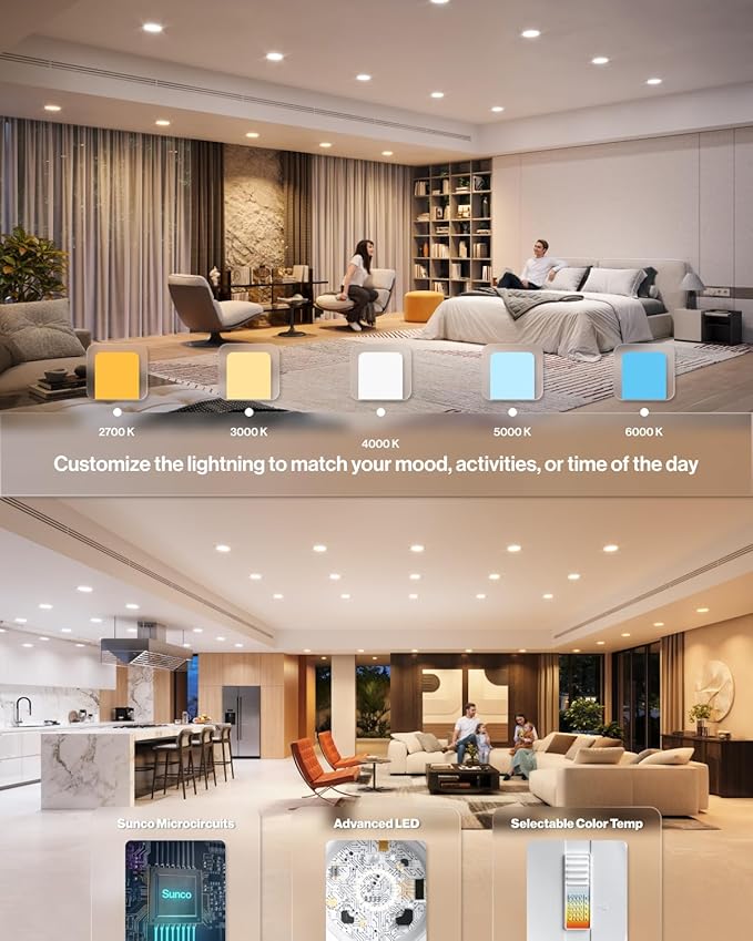 Sunco 50 Pack 6 Inch LED Recessed Light Retrofit, Can Lights for Ceiling, 1700 LM High Brightness, Selectable CCT 2700K/3000K/4000K/5000K/6000K, 17W=120W, Dimmable, Baffle Trim, Damp Rated UL