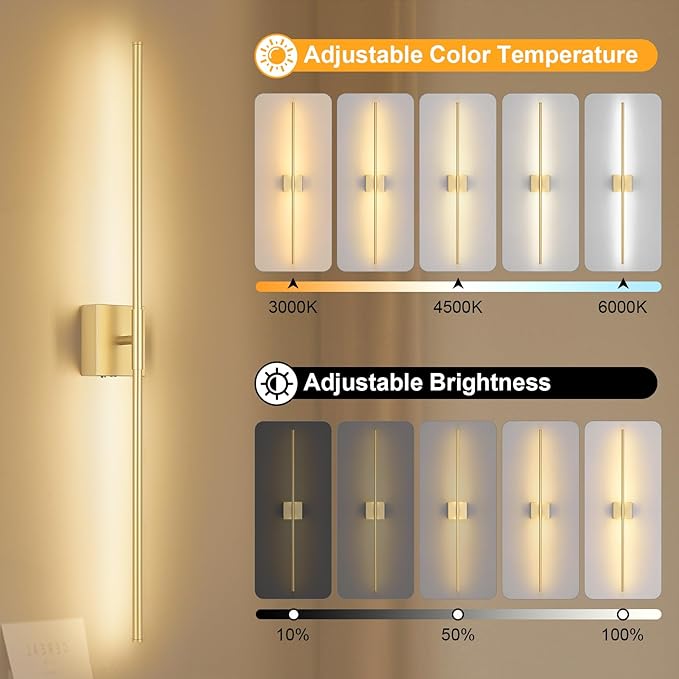 Battery Operated Wall Sconce, 5CCT Dimmable Gold Wall Lights with Remote Control, Timable LED Wireless Wall Sconces, 350° Ratate for Bathroom, Living Room, Hallway 39.4 Inch 1 Pack