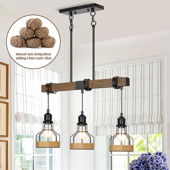 3-Light Dining Room Light Fixture Over Table Chandelier Rustic, Solid Wood Kitchen Island Lighting Fixture Ceiling Linear Dining Ceiling Mount Lamp Modern Metal Lampshade Dining Pendant Light