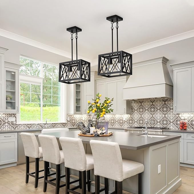 KEESFU Black Farmhouse Pendant Light, 2 Lights Small Kitchen Lighting Fixtures, Adjustable Height, Industrial Dining Room Light for Living Room Foyer Dining Table Over Sink.
