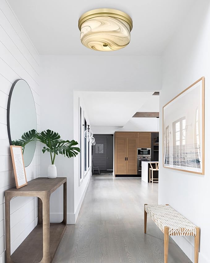 CALDION Flush Mount Ceiling Light, 12inch Close to Ceiling Light Fixture, Metal Gold Finish with Handmade Grey Marble Glass Art Shade for Living Bedroom Room Hallway Kitchen