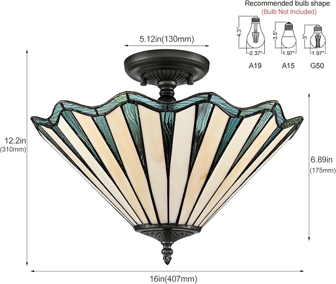 Tiffany Ceiling Lights, Stained Glass Semi Flush Mount Light 16-Inch 3-Light Mission Style Tiffany Light Fixtures Ceiling Mount for Hallway Kitchen Bedroom Foyer Dining Living Room