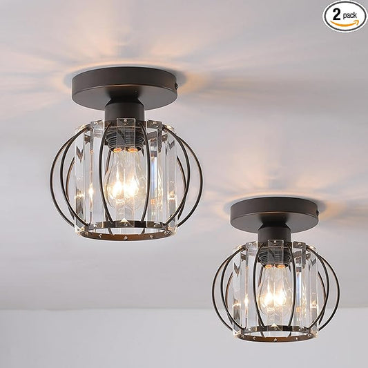 Small Oil Rubbed Bronze Hallway Light Fixture Ceiling 2 Pack- Semi Flush Mount with Crystal Cage Shade, 6.7" Low Profile Light Fixture, Dimmable E26 Base Foyer Lighting for Hallway Closet Laundry Room