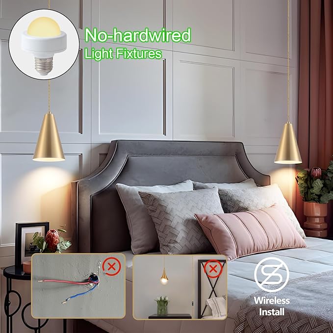 Dijiahua Gold Battery Operated Pendant Lights Kitchen Island 3 Pack with Remote Control,Wireless Rechargeable 12 Color Temperatures Lamp Fixtures with Brass Metal Shade, Modern Hanging Lighting