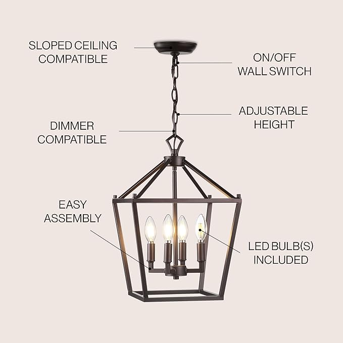 JONATHAN Y 12" Oil Rubbed Bronze Lantern Pendant Light, 4-Light Pagoda Style Metal Cage Farmhouse Hanging Ceiling Fixture for Kitchen Island, LED Bulb Included (JYL7436A)