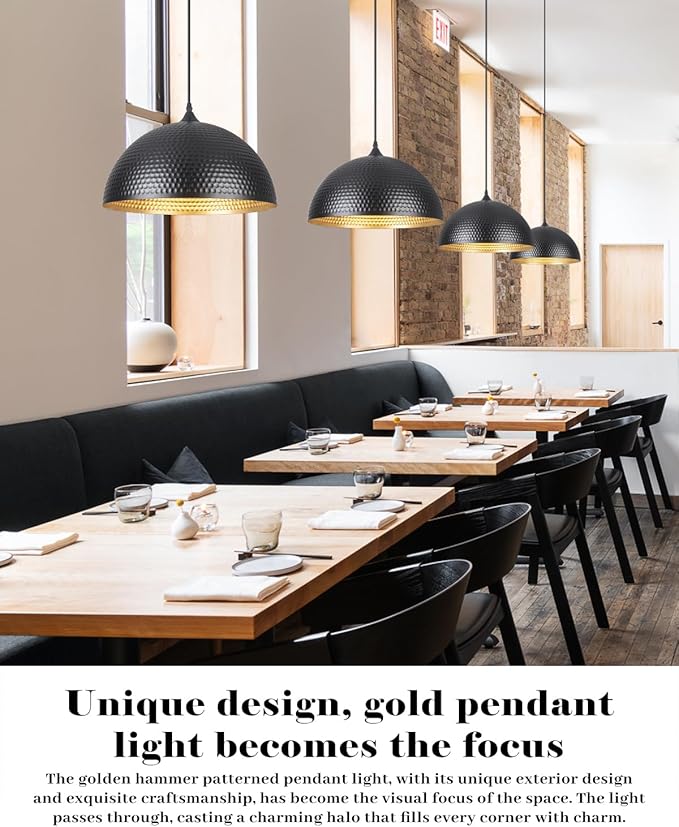 16 inch Black and Gold Pendant Light 3 Packs, Hammered Industrial Large Pendant Lights Kitchen Island, Oversive Black Dome Pendant Light for Kitchen Island, Dining Room, Bar