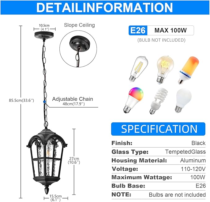 Black Outdoor Pendant Lights for Porch Hallway Patio, Aluminium Exterior Hanging Light Fixtures, Outside Waterproof Vintage Hanging Ceiling Outdoor Pendant Lamp Height Adjustable, 2pack