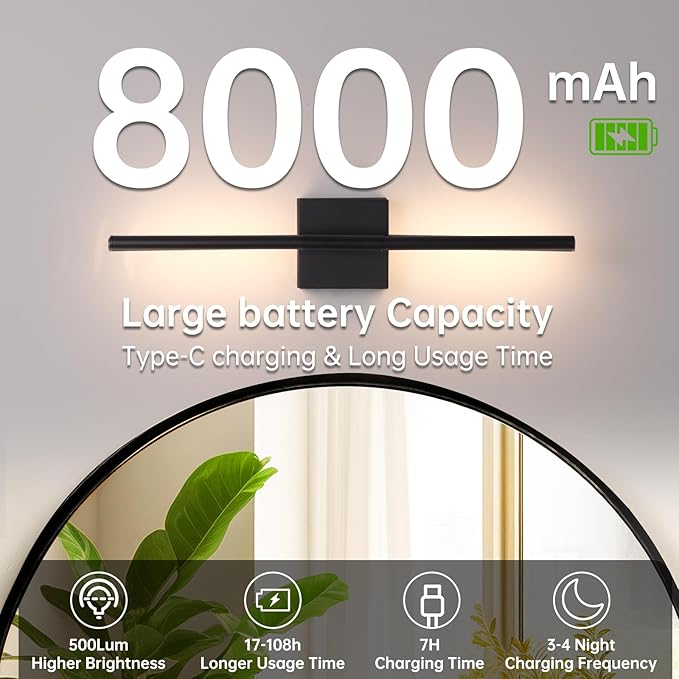 Shenmoyl Battery Operated Wall Sconce Set of 2, 8000mAh Wireless Wall Sconces, 3000K-6000K Dimmable, 350°Rotate, Indoor Wall Lights with Remote for Bedroom Living Room Bathroom, Black, 23.6 Inch