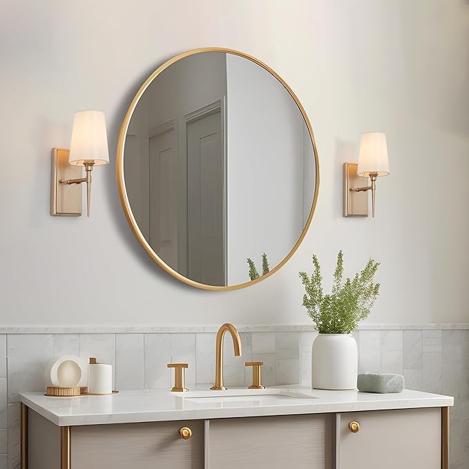 LALUZ Gold Wall Sconces, Modern 1-Light Gold Bathroom Light Fixtures with White Fabric Shade for Bathroom, Bedroom and Hallway