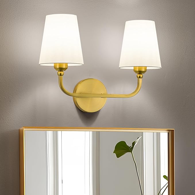 Bathroom Vanity Light, Brushed Gold Bathroom Light Fixtures, 2-Light Lighting Fixtures Over Mirror, Modern Wall Sconce with Flared White Fabric Shade, E26 Socket(ETL Listed)