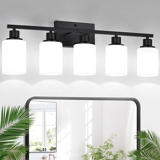 Indoi 5-Light Black Bathroom Vanity Light Fixture with Milky White Frosted Glass Shades, Bathroom Light Fixture for Mirror, Matte Finish, Reversible Up/Down Lighting for Bedroom, Living Room, Hallway