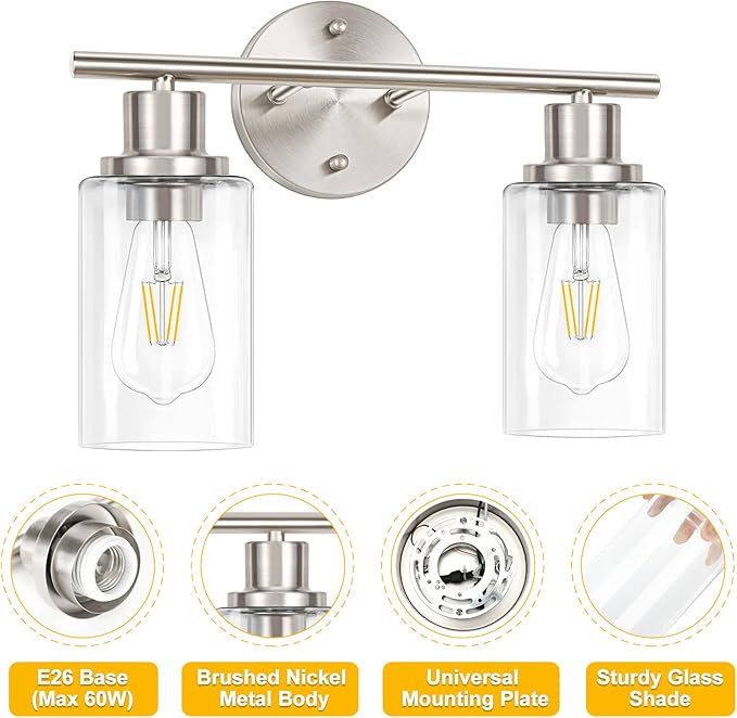 2-Light Wall Sconce Light Fixtures, Brushed Nickel Finish Wall Light with Clear Glass Shade, Modern Vanity Lighting, Wall Lamp for Bathroom Mirror