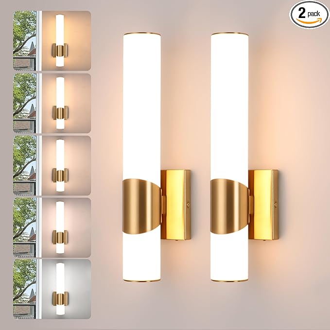Gold Wall Sconces Set of Two 15 Inch Modern Bathroom Sconce with Acrylic Shades LED Hardwired Sconces Wall Lighting Fixtures for Living Room Bedroom Hallway, 2 Pack