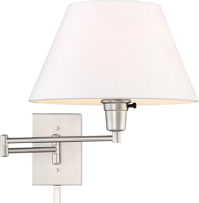 Kira Home Cambridge 15" Modern Swing Arm Wall Sconce with White Empire Fabric Shade, 2-in-1 Plug in or Hardwired Wall Lamp with 3-Way Switch, Satin Nickel Finish