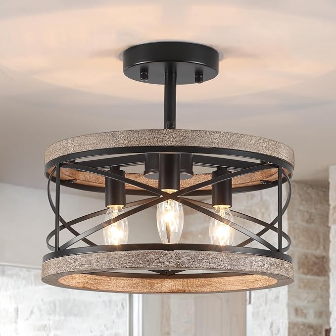 Farmhouse Flush Mount Ceiling Light Fixture, 3-Light Rustic Ceiling Lights Round Drum Metal Industrial Entryway Light Fixture for Hallway Living Room Bathroom Dining Room Kitchen