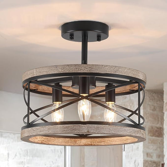 Farmhouse Flush Mount Ceiling Light Fixture, 3-Light Rustic Ceiling Lights Round Drum Metal Industrial Entryway Light Fixture for Hallway Living Room Bathroom Dining Room Kitchen
