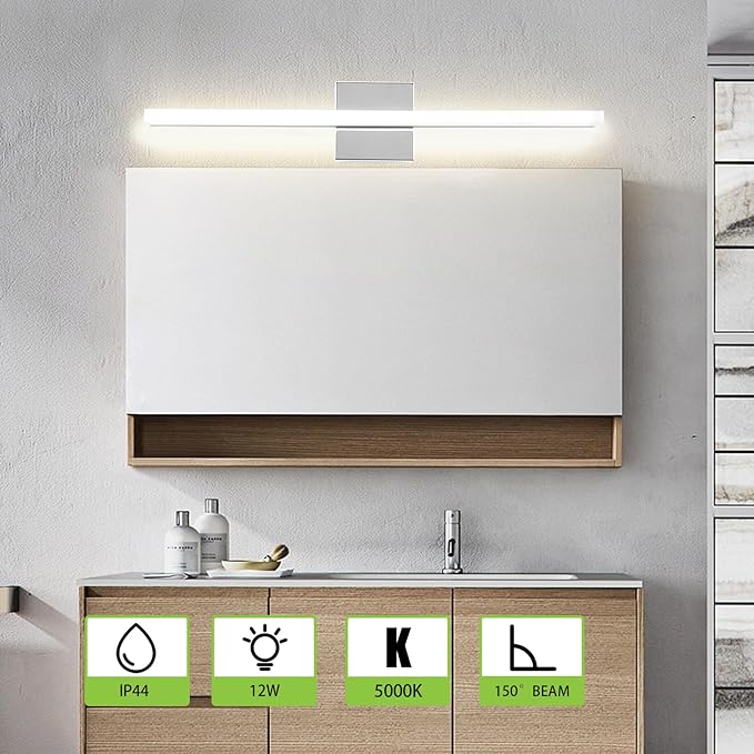 LED Bathroom Vanity Light 16inch Over Mirror Lighting Fixture Modern Indoor Chrome 10W 5000K Cool White Wall Sconce for Bathroom Bedroom Living Room