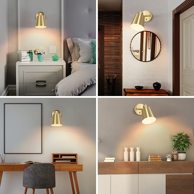 VATONI Dimmable Wall Sconce, Plug in Wall Sconce Adjustable Angle Wall Lights with Plug in Cord and Dimmer On/Off knob Switch, Gold Wall Mounted Light for Bedside Bedroom Doorway(1 Pack, 1 Bulb)