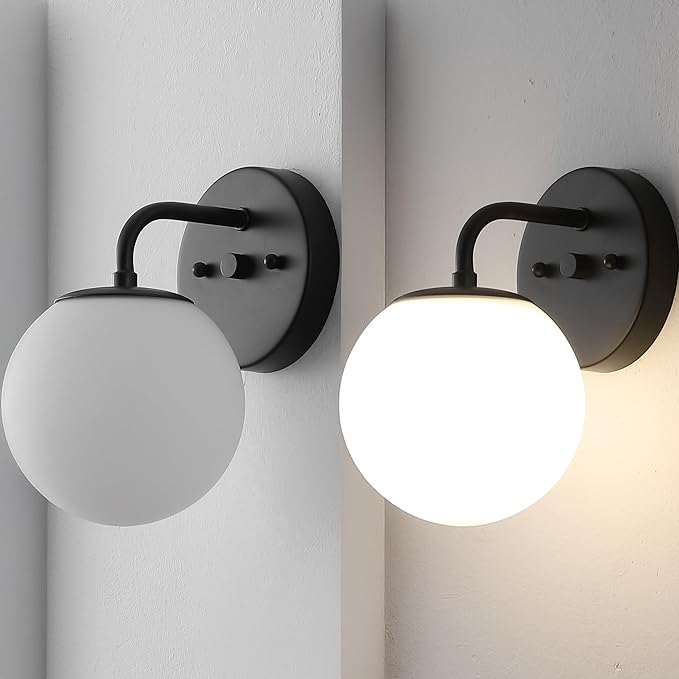 JONATHAN Y 5.75" Black 1-Light Modern Globe Wall Sconce Vanity Light for Bathroom, White Frosted Glass Shade, Midcentury Parisian Bistro Wall Lamp, LED Bulb Included (JYL3534B)