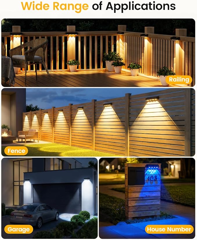 JOFIOS Fence Lights Solar Powered, Warm White, Cool White and RGB Color Glow LED Outdoor Wall Lights, IP65 Waterproof Solar Lights for Fence, Backyard, Railing, Deck and Wall, Home Improvement, 2 Pack