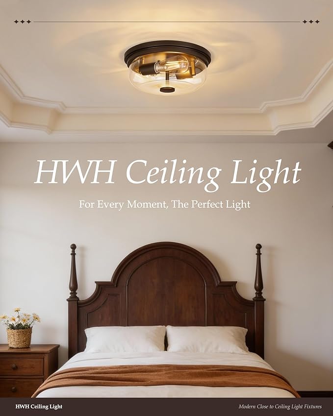 HWH INVESTMENT 2-Light Flush Mount Ceiling Light, Rustic Ceiling Light Fixture for Closet Hallway Entryway, 12 Inch Flush Mount Ceiling Light with Clear Glass, Oil-Rubbed Bronze Finish, 5HJX109F ORB