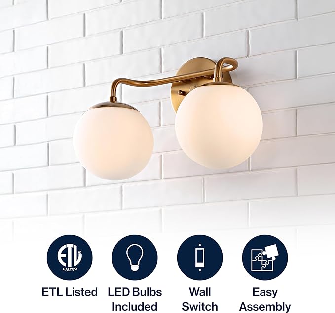 JONATHAN Y 15" Gold Painting Modern Globe Wall Sconce Vanity Light for Bathroom, White Frosted Glass Shade, Midcentury Parisian Bistro Wall Lamp, LED Bulb Included (JYL3535A)